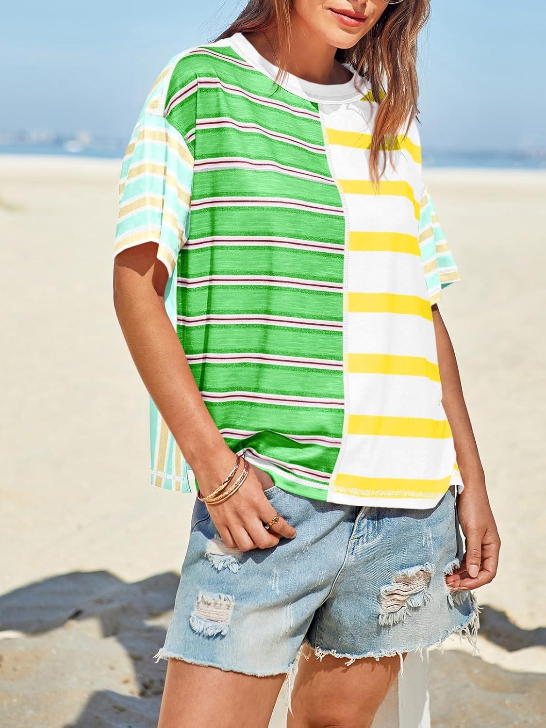 imageTankaneo Womens Summer Striped Shirts Casual Color Block Short Sleeve Tops Loose Fit Crew Neck TeesGreen