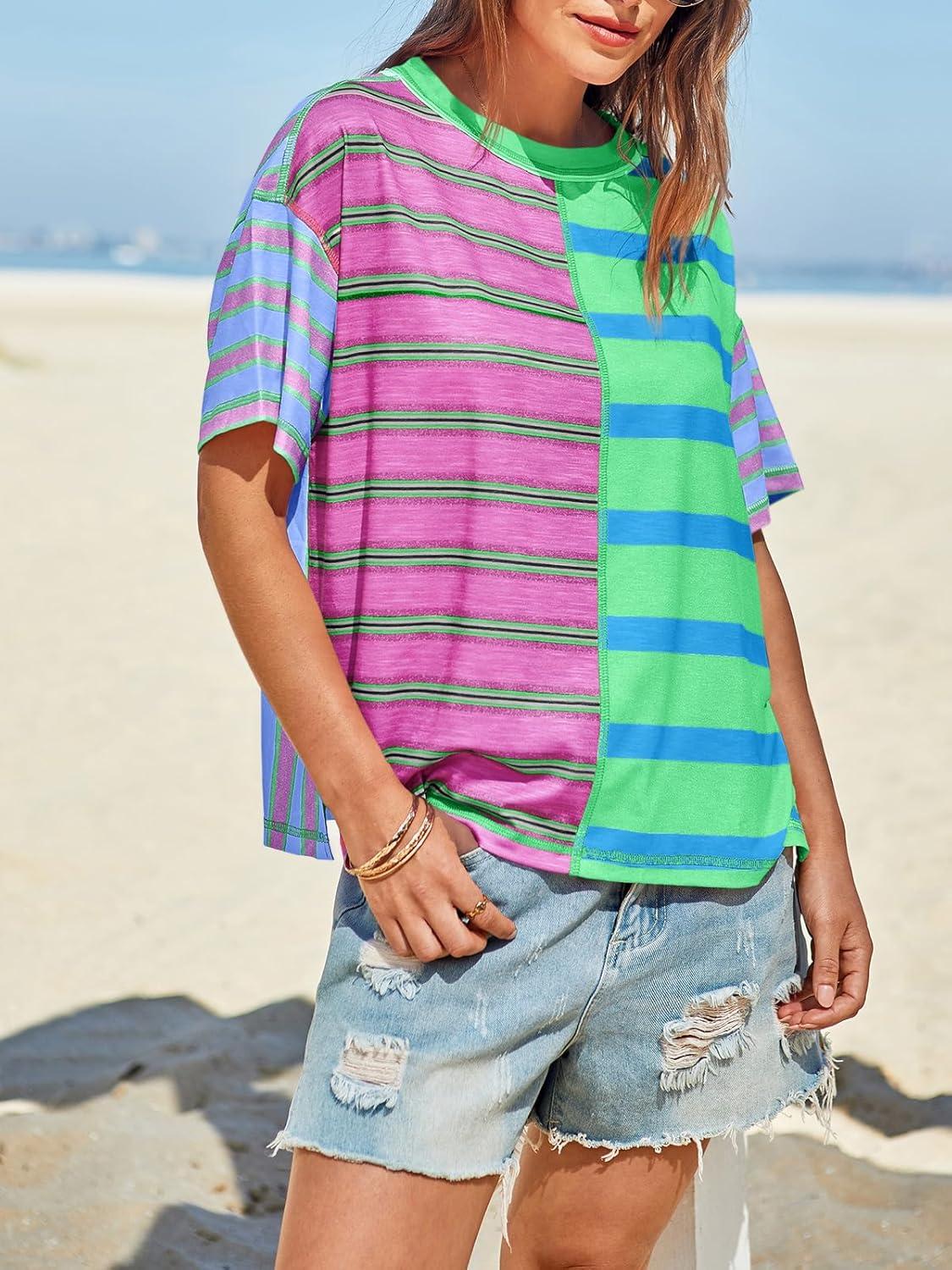 imageTankaneo Womens Summer Striped Shirts Casual Color Block Short Sleeve Tops Loose Fit Crew Neck TeesGreen Purple