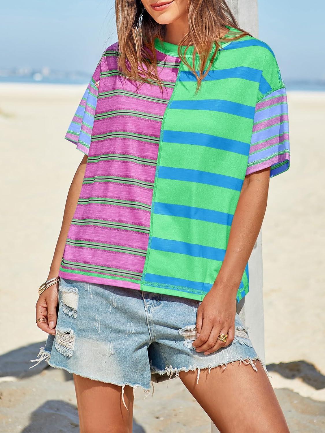 imageTankaneo Womens Summer Striped Shirts Casual Color Block Short Sleeve Tops Loose Fit Crew Neck TeesGreen Purple