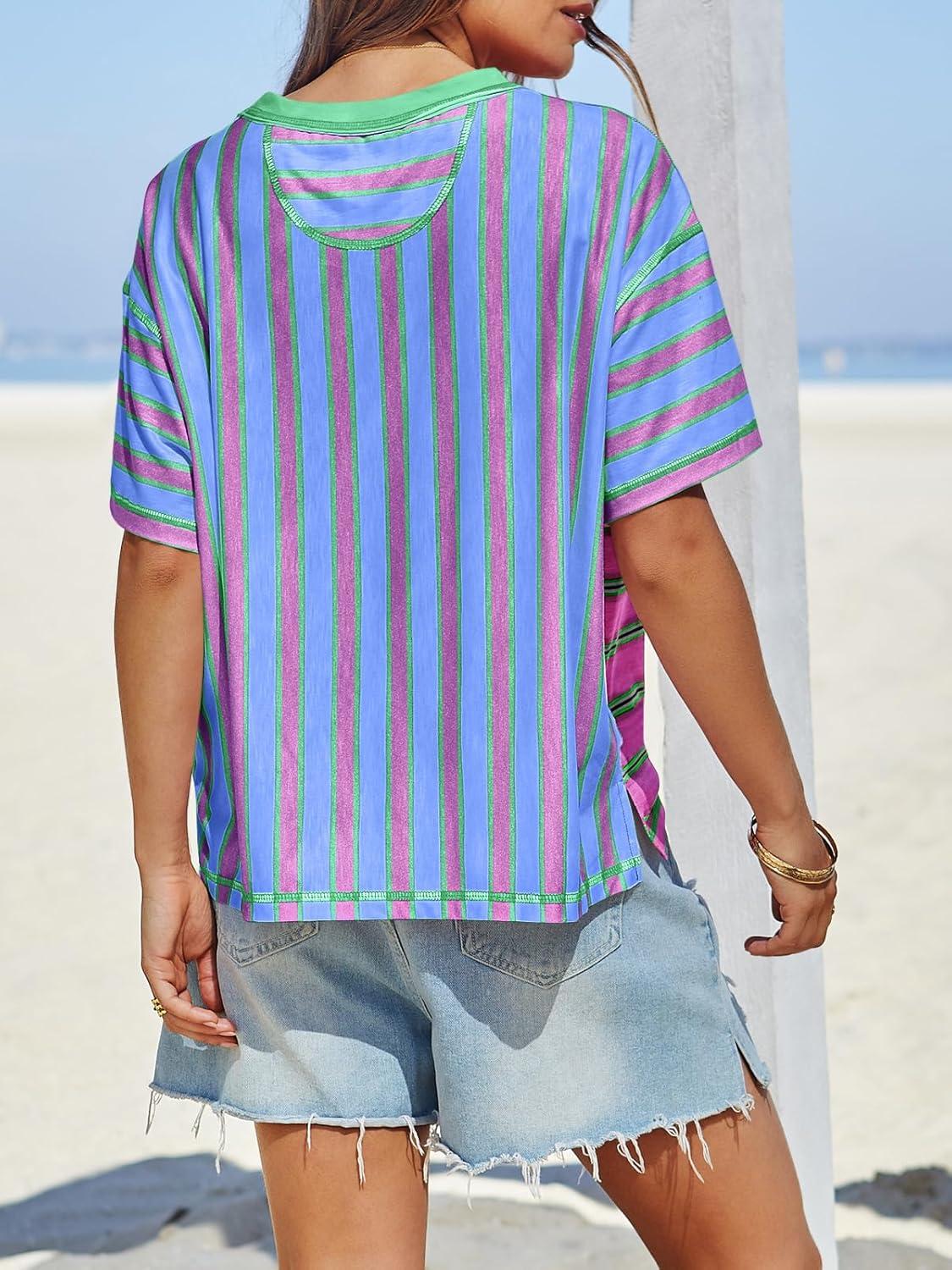 imageTankaneo Womens Summer Striped Shirts Casual Color Block Short Sleeve Tops Loose Fit Crew Neck TeesGreen Purple