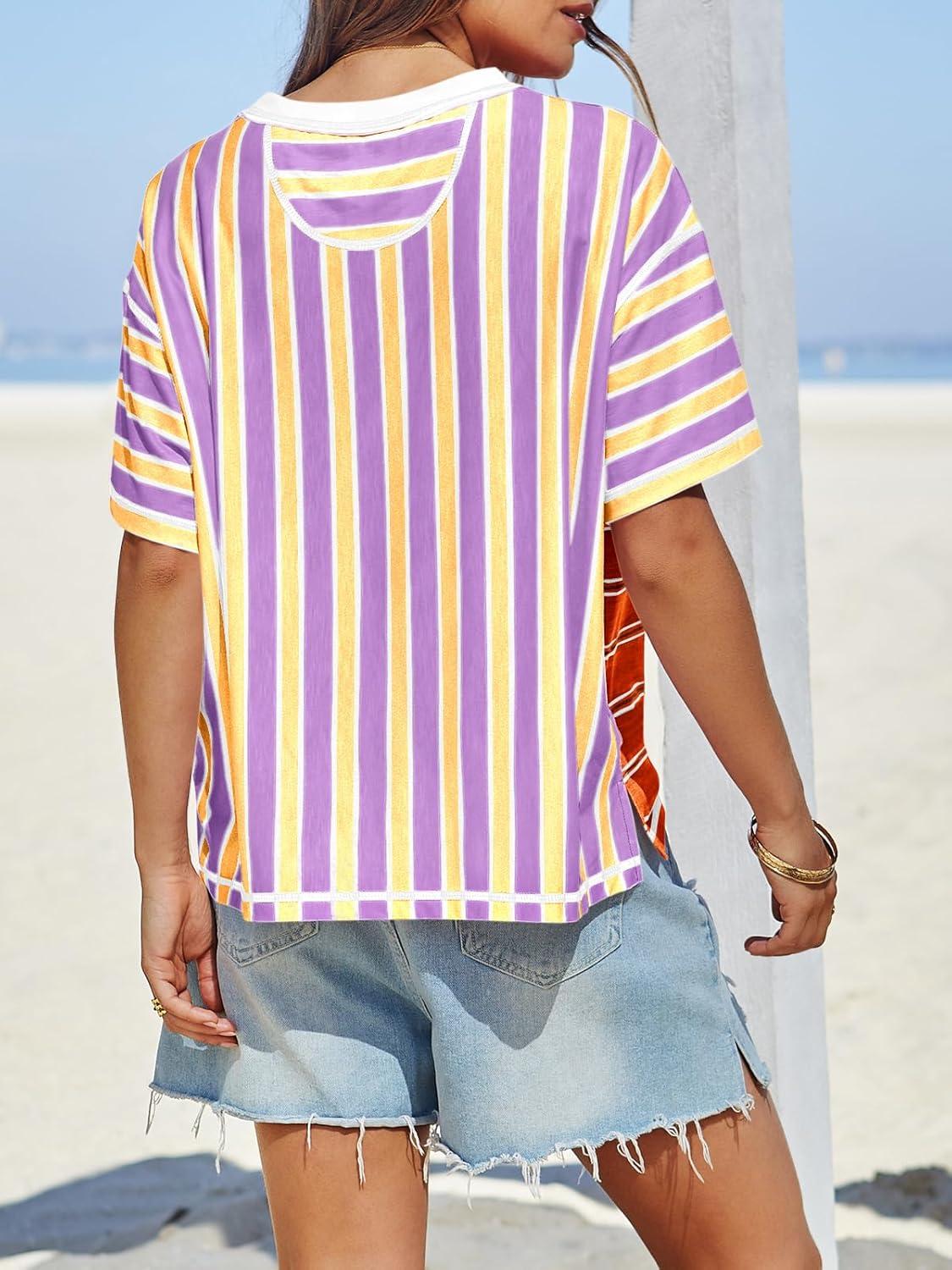 imageTankaneo Womens Summer Striped Shirts Casual Color Block Short Sleeve Tops Loose Fit Crew Neck TeesLight Purple