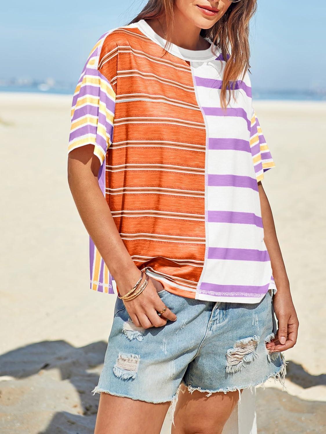 imageTankaneo Womens Summer Striped Shirts Casual Color Block Short Sleeve Tops Loose Fit Crew Neck TeesLight Purple