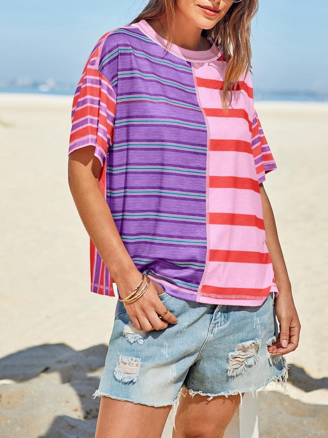 imageTankaneo Womens Summer Striped Shirts Casual Color Block Short Sleeve Tops Loose Fit Crew Neck TeesLilac