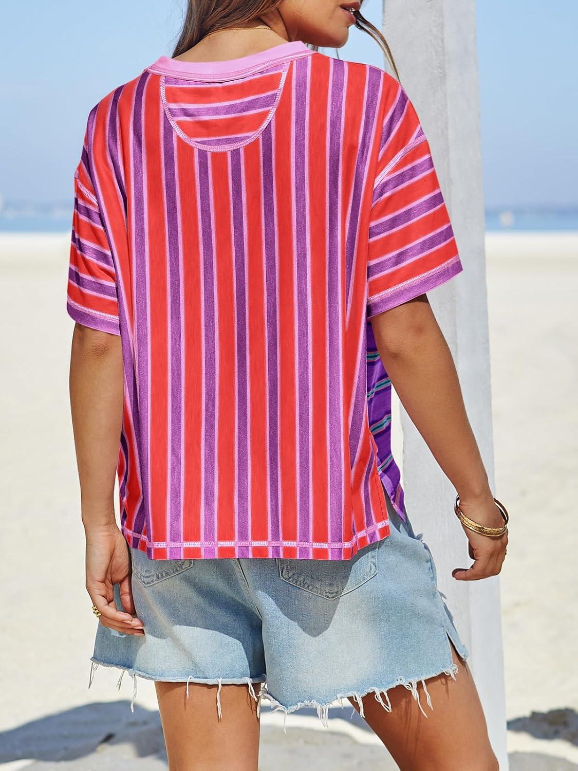 imageTankaneo Womens Summer Striped Shirts Casual Color Block Short Sleeve Tops Loose Fit Crew Neck TeesLilac