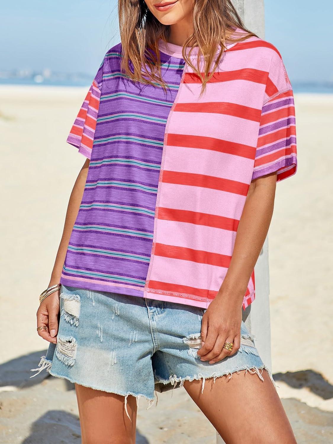 imageTankaneo Womens Summer Striped Shirts Casual Color Block Short Sleeve Tops Loose Fit Crew Neck TeesLilac