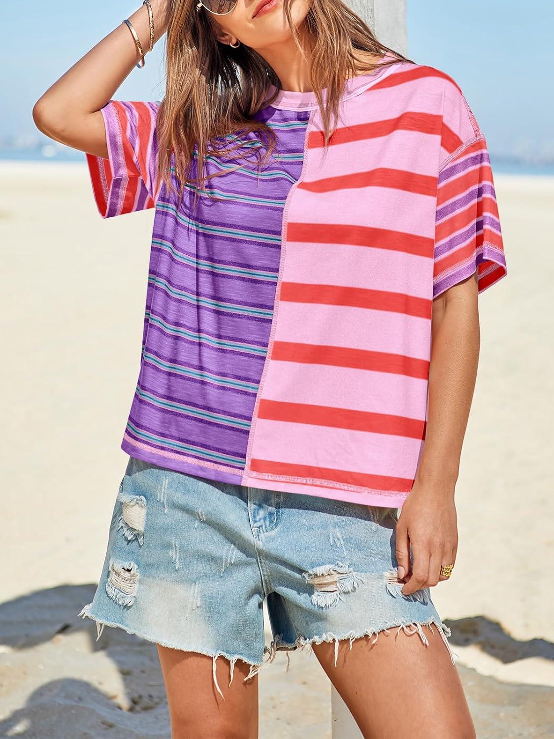 imageTankaneo Womens Summer Striped Shirts Casual Color Block Short Sleeve Tops Loose Fit Crew Neck TeesLilac
