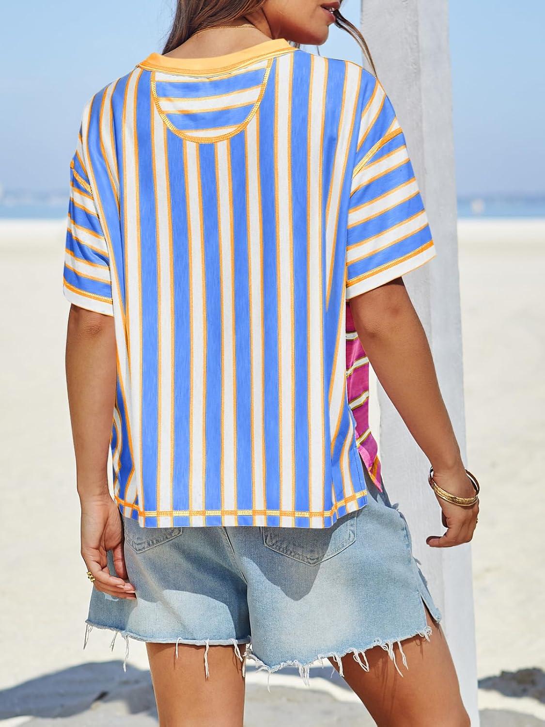 imageTankaneo Womens Summer Striped Shirts Casual Color Block Short Sleeve Tops Loose Fit Crew Neck TeesMustard