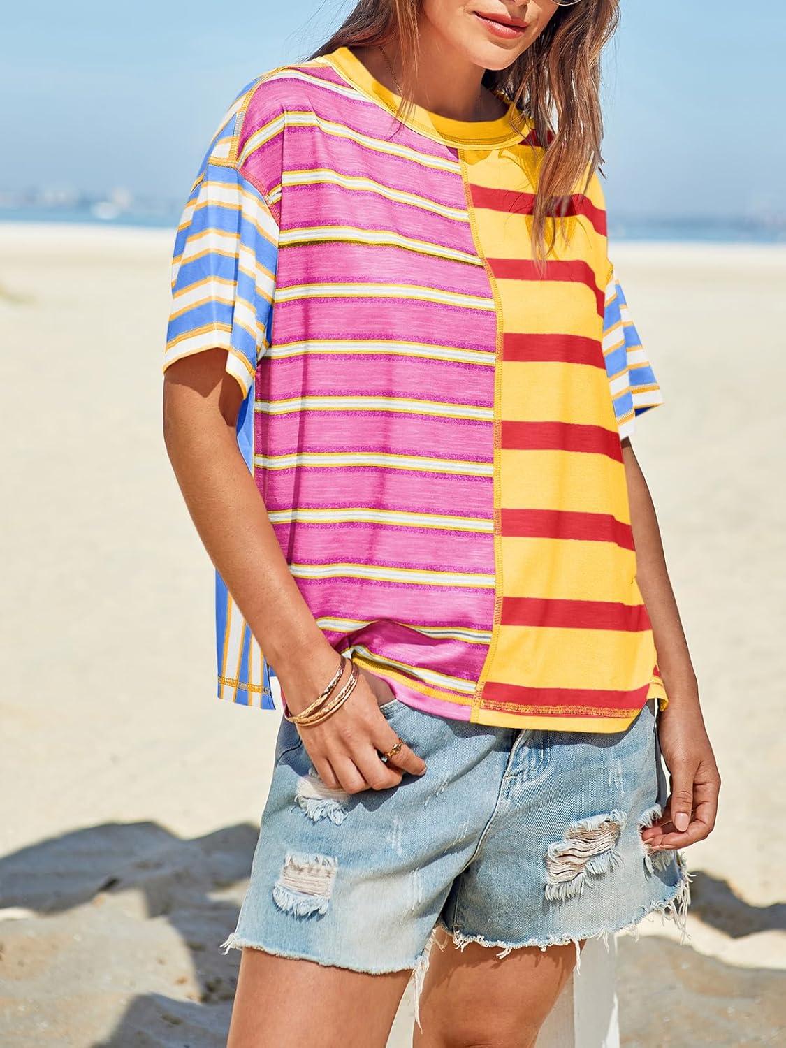 imageTankaneo Womens Summer Striped Shirts Casual Color Block Short Sleeve Tops Loose Fit Crew Neck TeesMustard