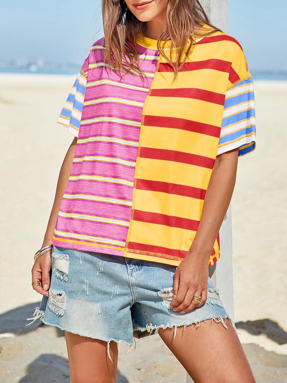 imageTankaneo Womens Summer Striped Shirts Casual Color Block Short Sleeve Tops Loose Fit Crew Neck TeesMustard