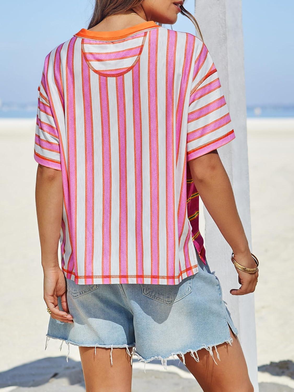 imageTankaneo Womens Summer Striped Shirts Casual Color Block Short Sleeve Tops Loose Fit Crew Neck TeesOrange