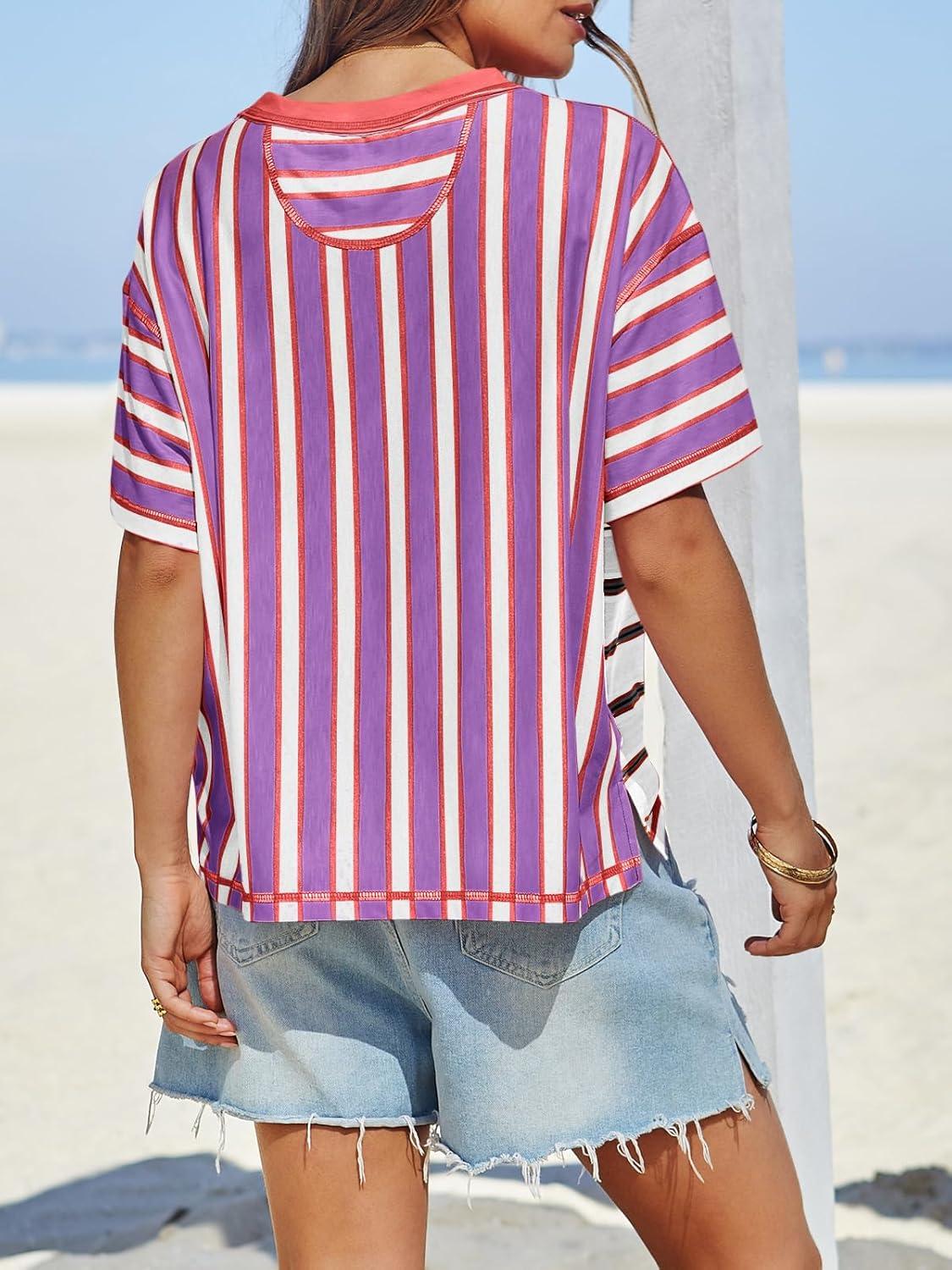 imageTankaneo Womens Summer Striped Shirts Casual Color Block Short Sleeve Tops Loose Fit Crew Neck TeesOrange Red