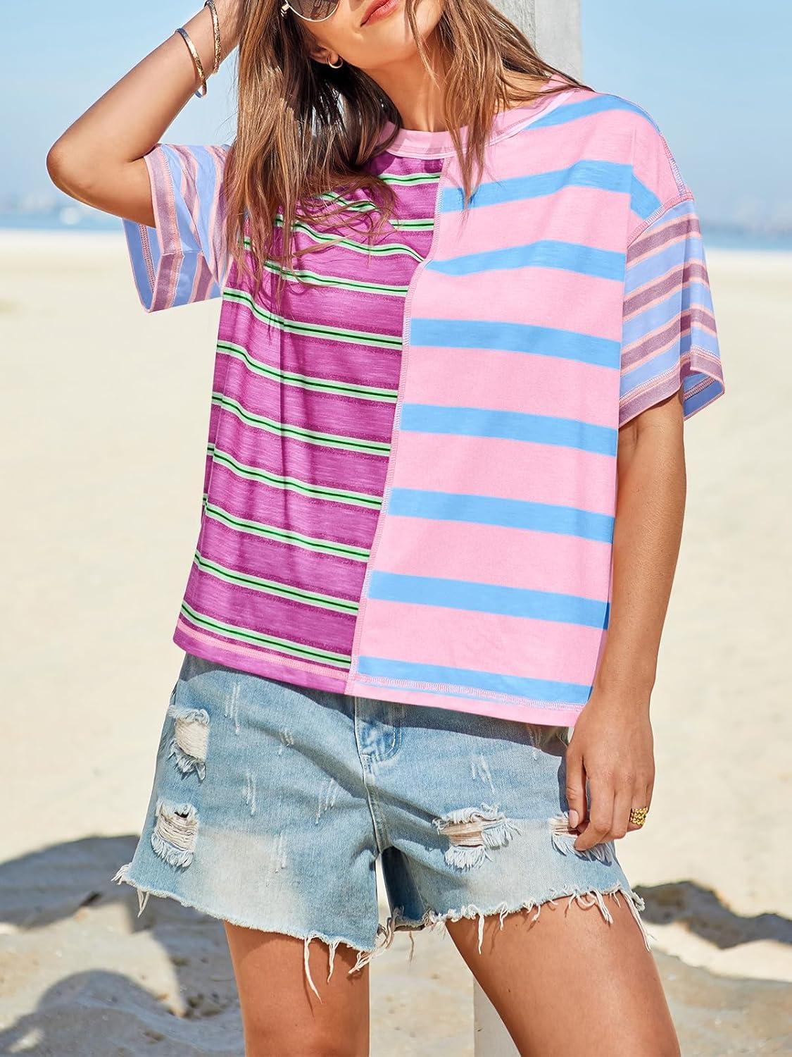 imageTankaneo Womens Summer Striped Shirts Casual Color Block Short Sleeve Tops Loose Fit Crew Neck TeesPink