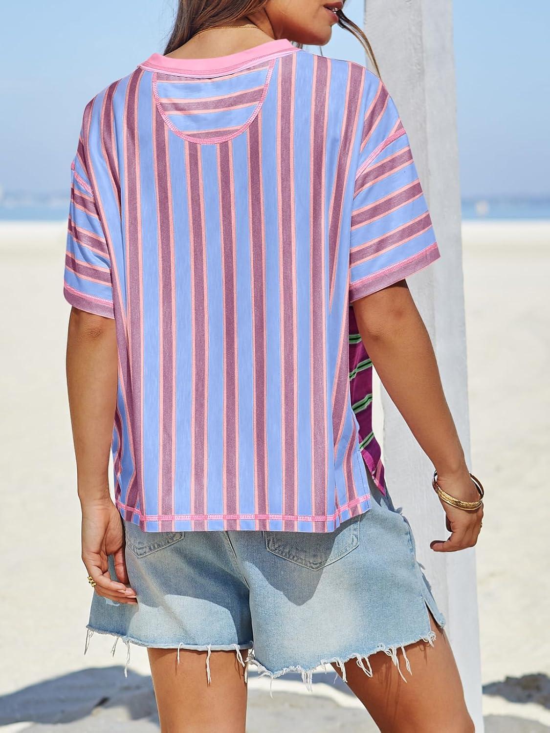 imageTankaneo Womens Summer Striped Shirts Casual Color Block Short Sleeve Tops Loose Fit Crew Neck TeesPink