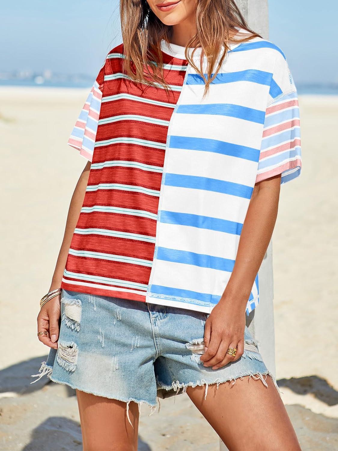 imageTankaneo Womens Summer Striped Shirts Casual Color Block Short Sleeve Tops Loose Fit Crew Neck TeesRed