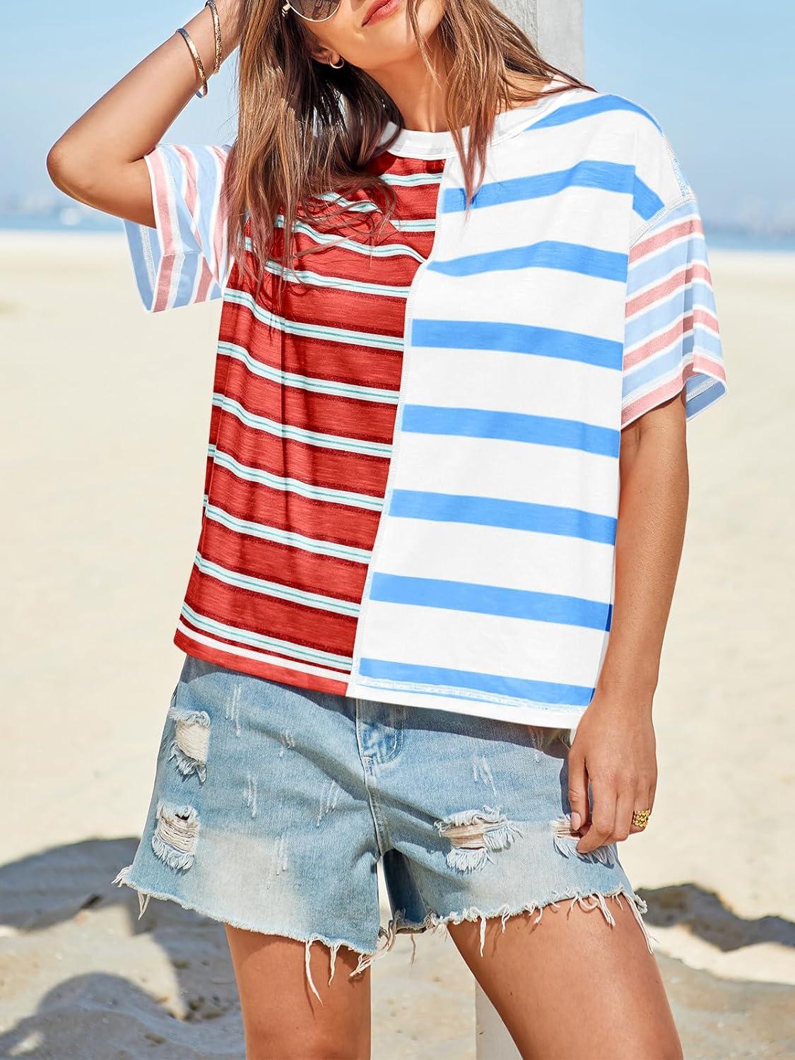 imageTankaneo Womens Summer Striped Shirts Casual Color Block Short Sleeve Tops Loose Fit Crew Neck TeesRed