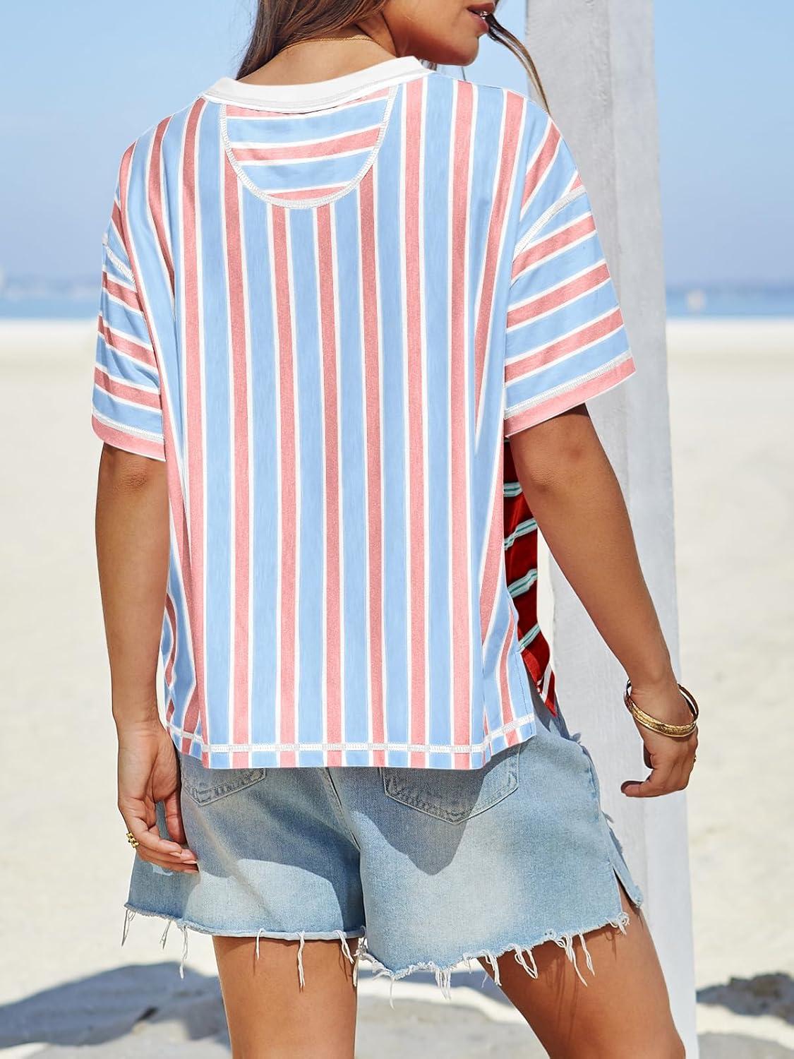 imageTankaneo Womens Summer Striped Shirts Casual Color Block Short Sleeve Tops Loose Fit Crew Neck TeesRed