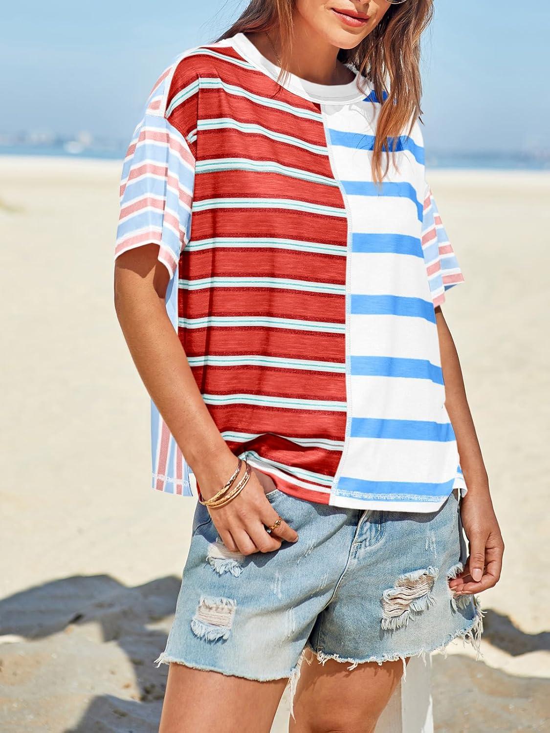 imageTankaneo Womens Summer Striped Shirts Casual Color Block Short Sleeve Tops Loose Fit Crew Neck TeesRed