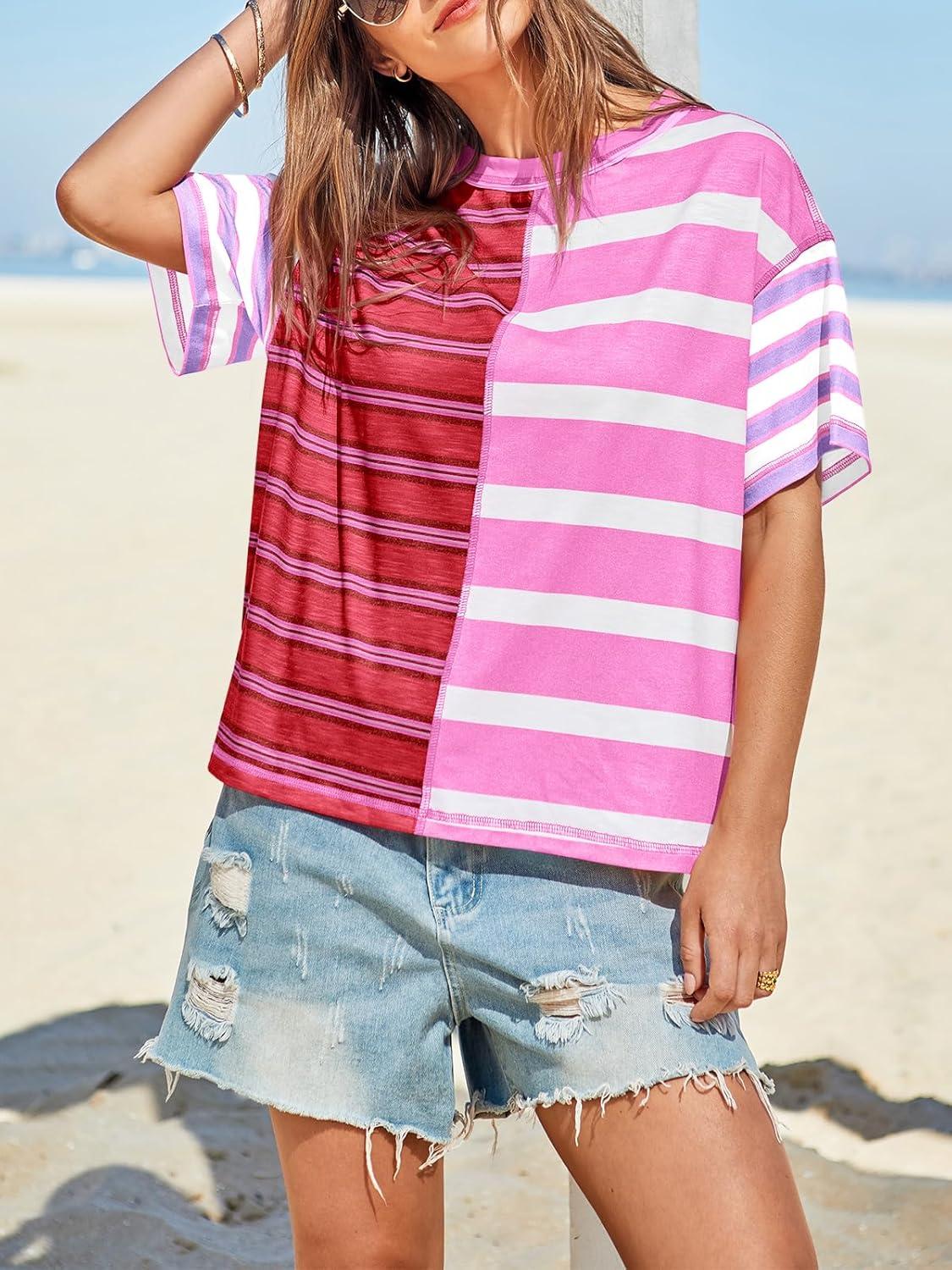 imageTankaneo Womens Summer Striped Shirts Casual Color Block Short Sleeve Tops Loose Fit Crew Neck TeesRose Red