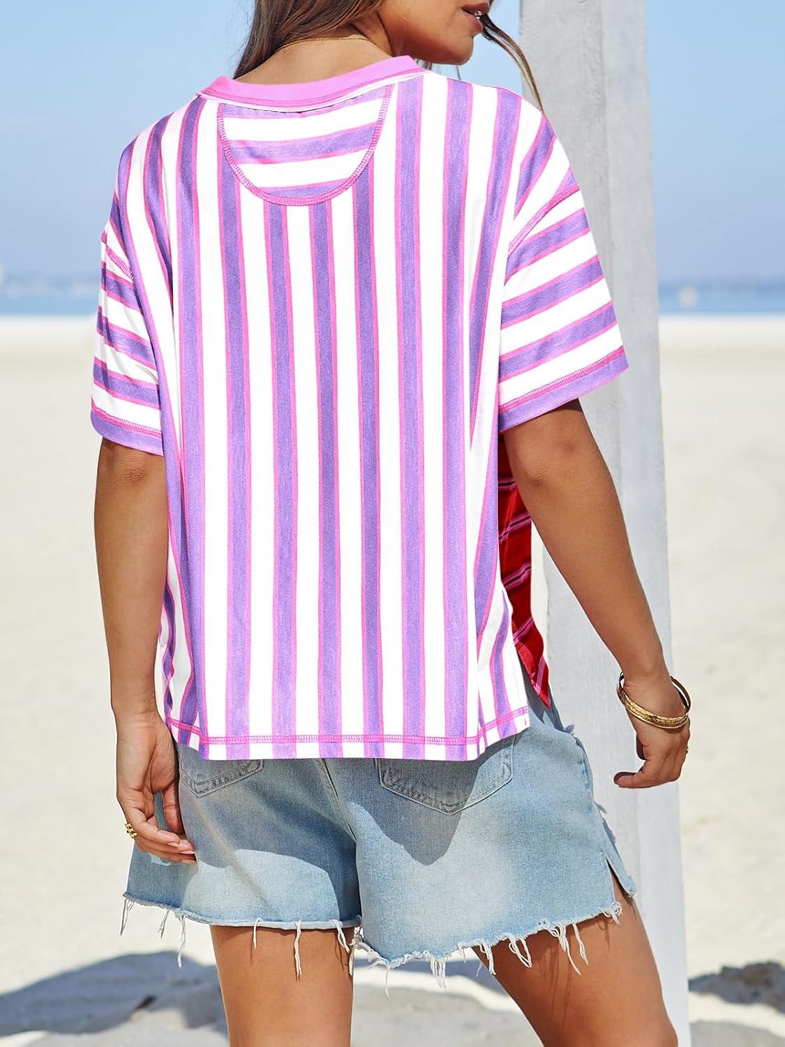 imageTankaneo Womens Summer Striped Shirts Casual Color Block Short Sleeve Tops Loose Fit Crew Neck TeesRose Red