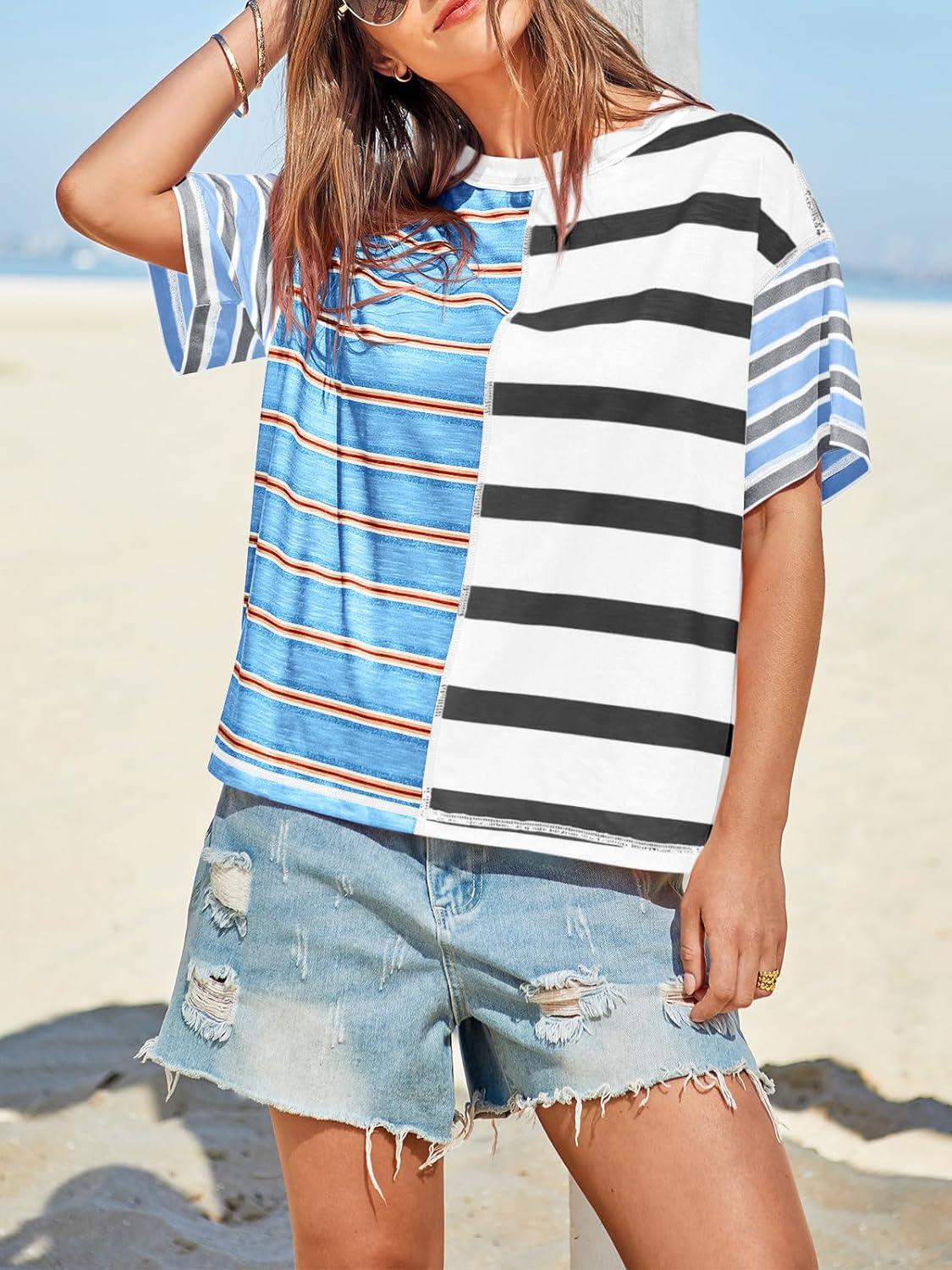 imageTankaneo Womens Summer Striped Shirts Casual Color Block Short Sleeve Tops Loose Fit Crew Neck TeesSky Blue