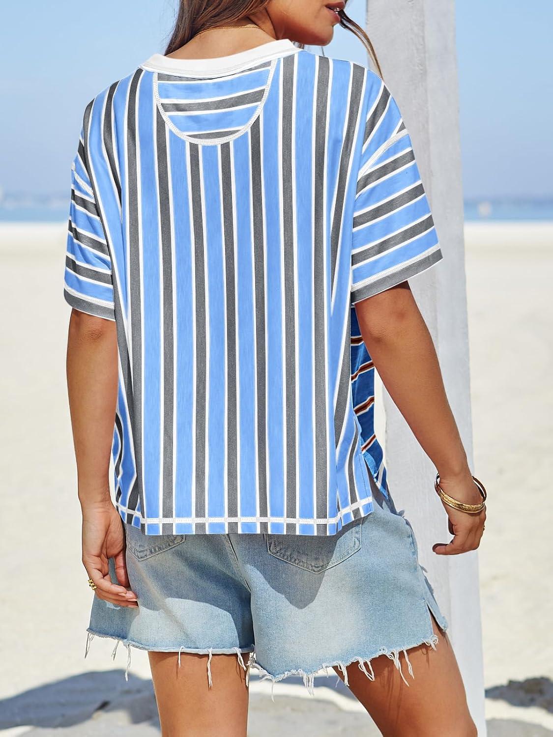 imageTankaneo Womens Summer Striped Shirts Casual Color Block Short Sleeve Tops Loose Fit Crew Neck TeesSky Blue