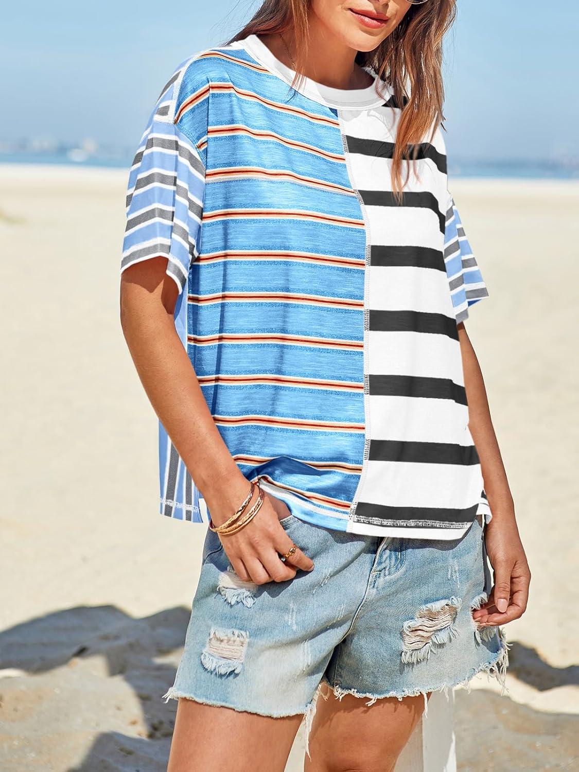 imageTankaneo Womens Summer Striped Shirts Casual Color Block Short Sleeve Tops Loose Fit Crew Neck TeesSky Blue