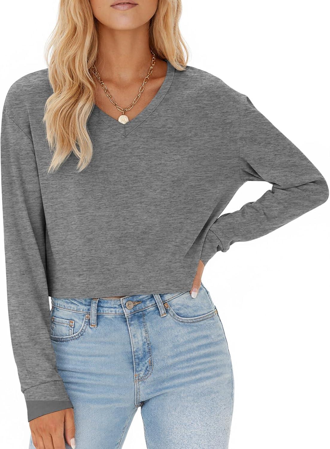 imageTankaneo Womens V Neck Cropped T Shirts Casual Summer Crop Tops Half Sleeve Solid Color Crop Baisc TeesAgray