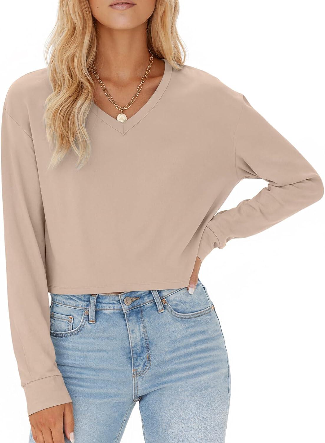 imageTankaneo Womens V Neck Cropped T Shirts Casual Summer Crop Tops Half Sleeve Solid Color Crop Baisc TeesAkhaki