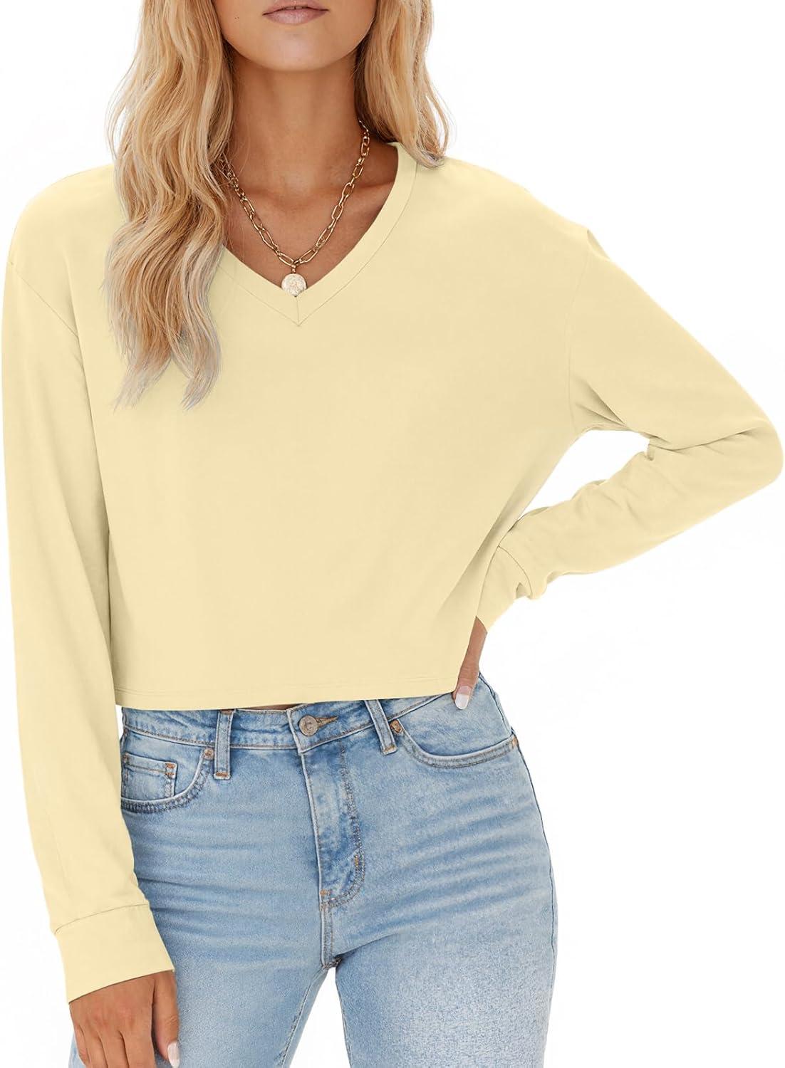 imageTankaneo Womens V Neck Cropped T Shirts Casual Summer Crop Tops Half Sleeve Solid Color Crop Baisc TeesAoff White