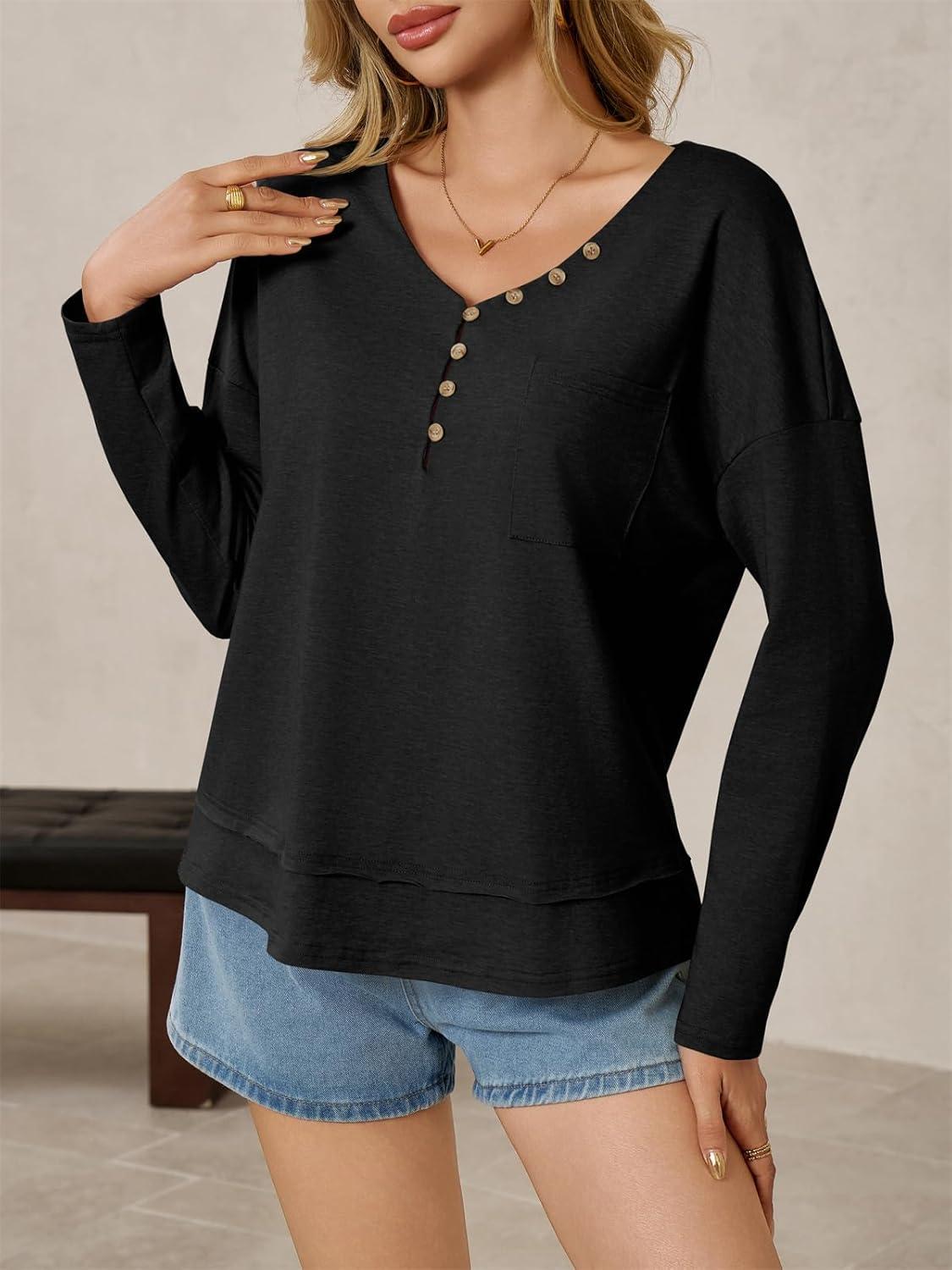 imageTankaneo Womens V Neck Henley Shirts Casual Long Sleeve Flowy Tees Cute Loose Fit Tops with PocketBlack