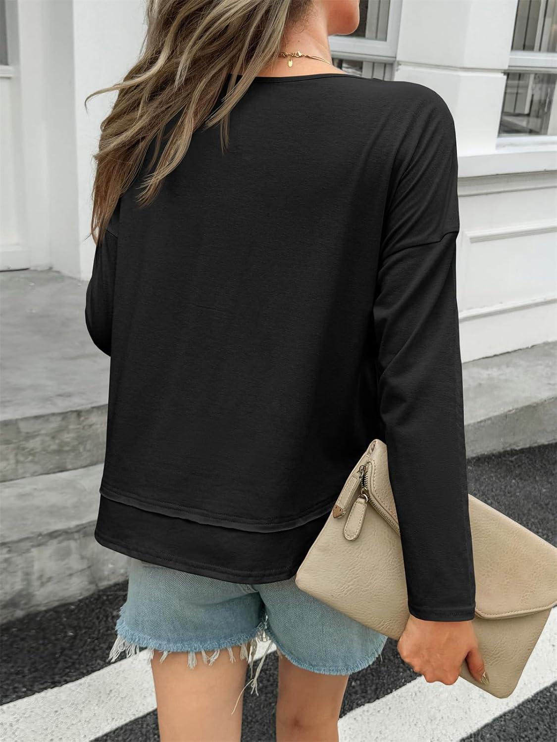 imageTankaneo Womens V Neck Henley Shirts Casual Long Sleeve Flowy Tees Cute Loose Fit Tops with PocketBlack