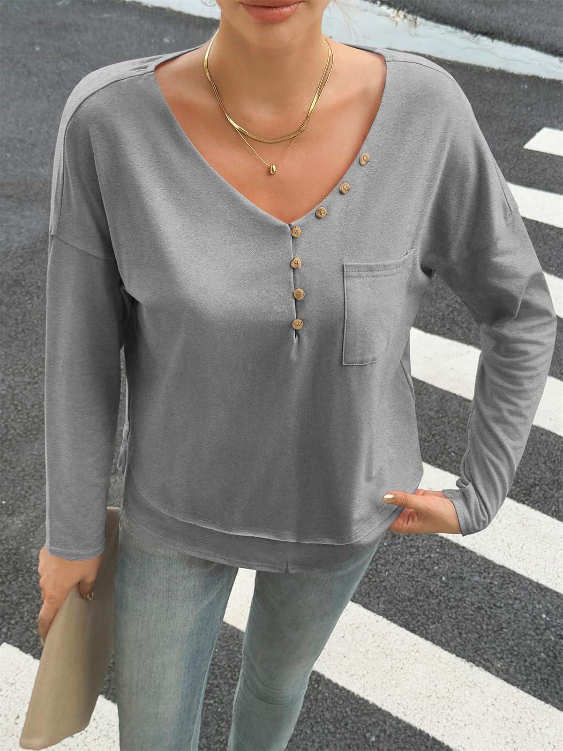 imageTankaneo Womens V Neck Henley Shirts Casual Long Sleeve Flowy Tees Cute Loose Fit Tops with PocketGrey