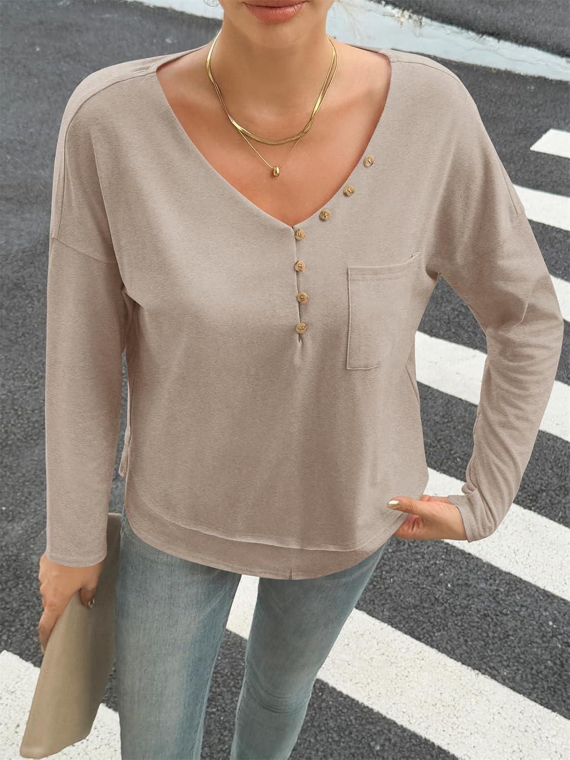imageTankaneo Womens V Neck Henley Shirts Casual Long Sleeve Flowy Tees Cute Loose Fit Tops with PocketKhaki