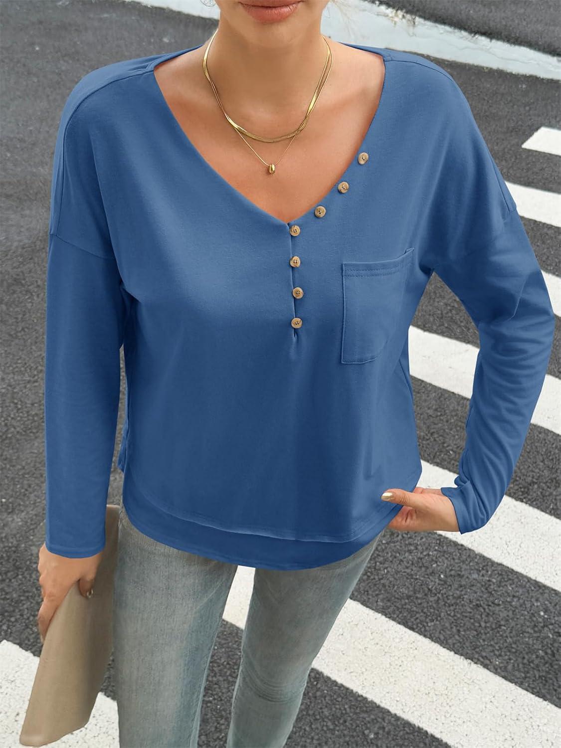 imageTankaneo Womens V Neck Henley Shirts Casual Long Sleeve Flowy Tees Cute Loose Fit Tops with PocketNavy