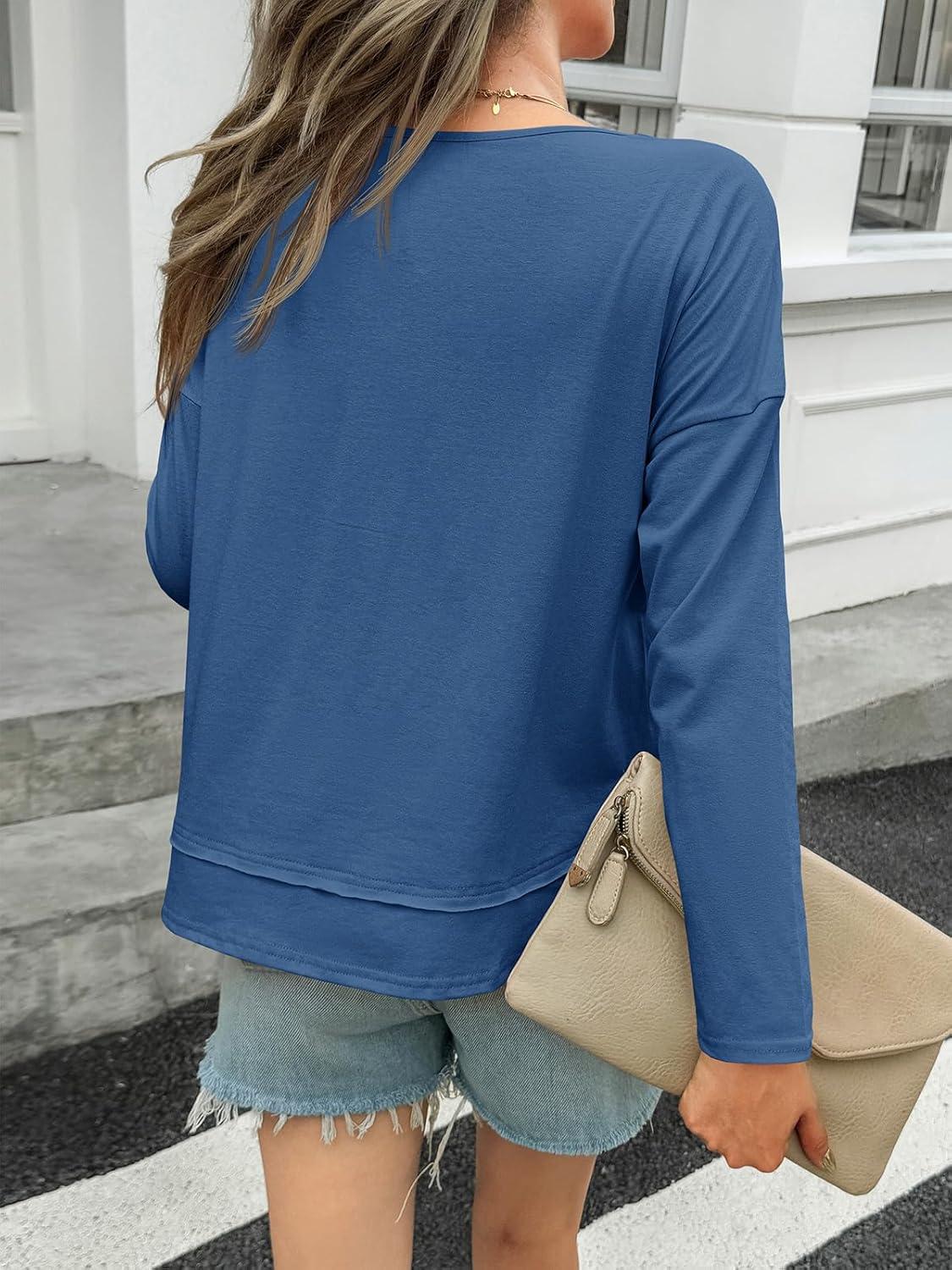 imageTankaneo Womens V Neck Henley Shirts Casual Long Sleeve Flowy Tees Cute Loose Fit Tops with PocketNavy