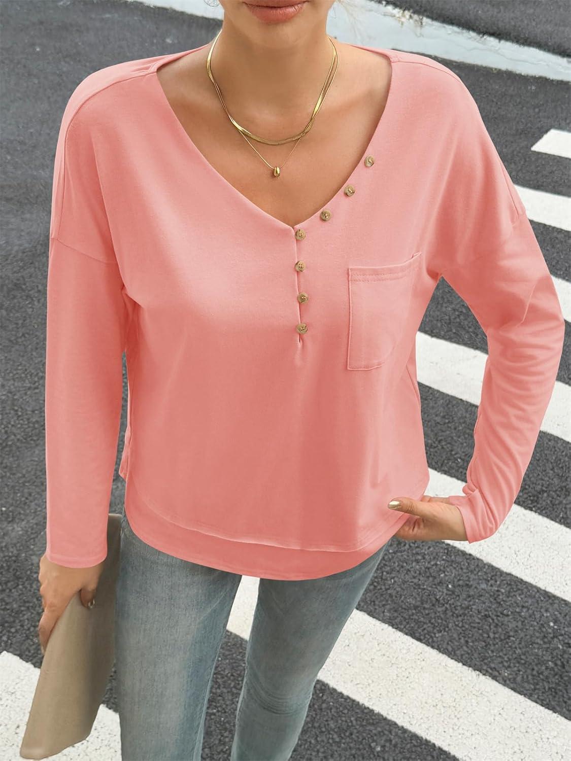 imageTankaneo Womens V Neck Henley Shirts Casual Long Sleeve Flowy Tees Cute Loose Fit Tops with PocketPink