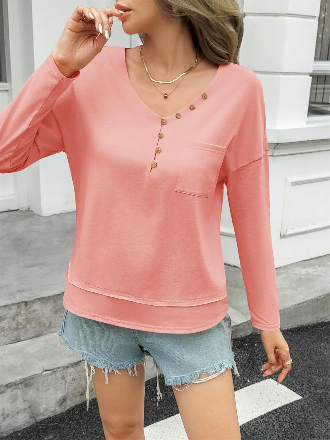 imageTankaneo Womens V Neck Henley Shirts Casual Long Sleeve Flowy Tees Cute Loose Fit Tops with PocketPink