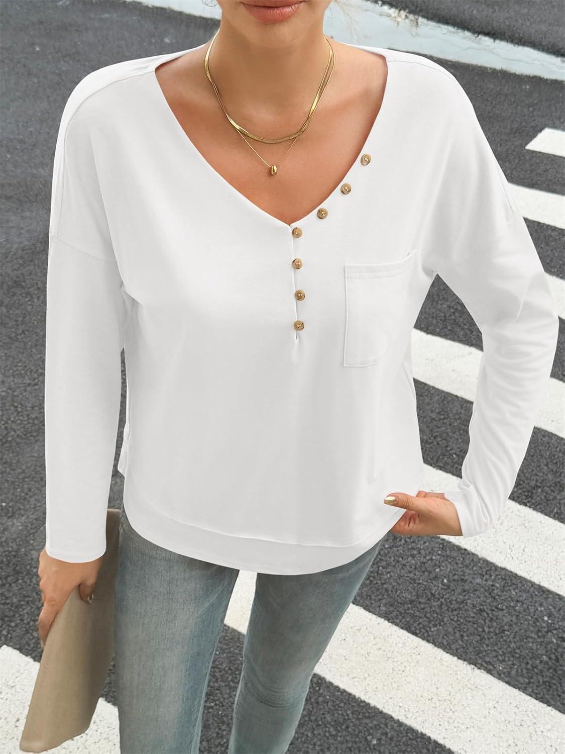 imageTankaneo Womens V Neck Henley Shirts Casual Long Sleeve Flowy Tees Cute Loose Fit Tops with PocketWhite