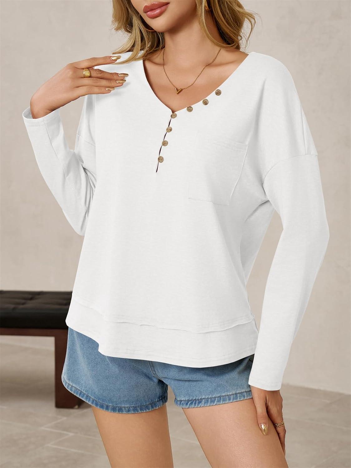 imageTankaneo Womens V Neck Henley Shirts Casual Long Sleeve Flowy Tees Cute Loose Fit Tops with PocketWhite