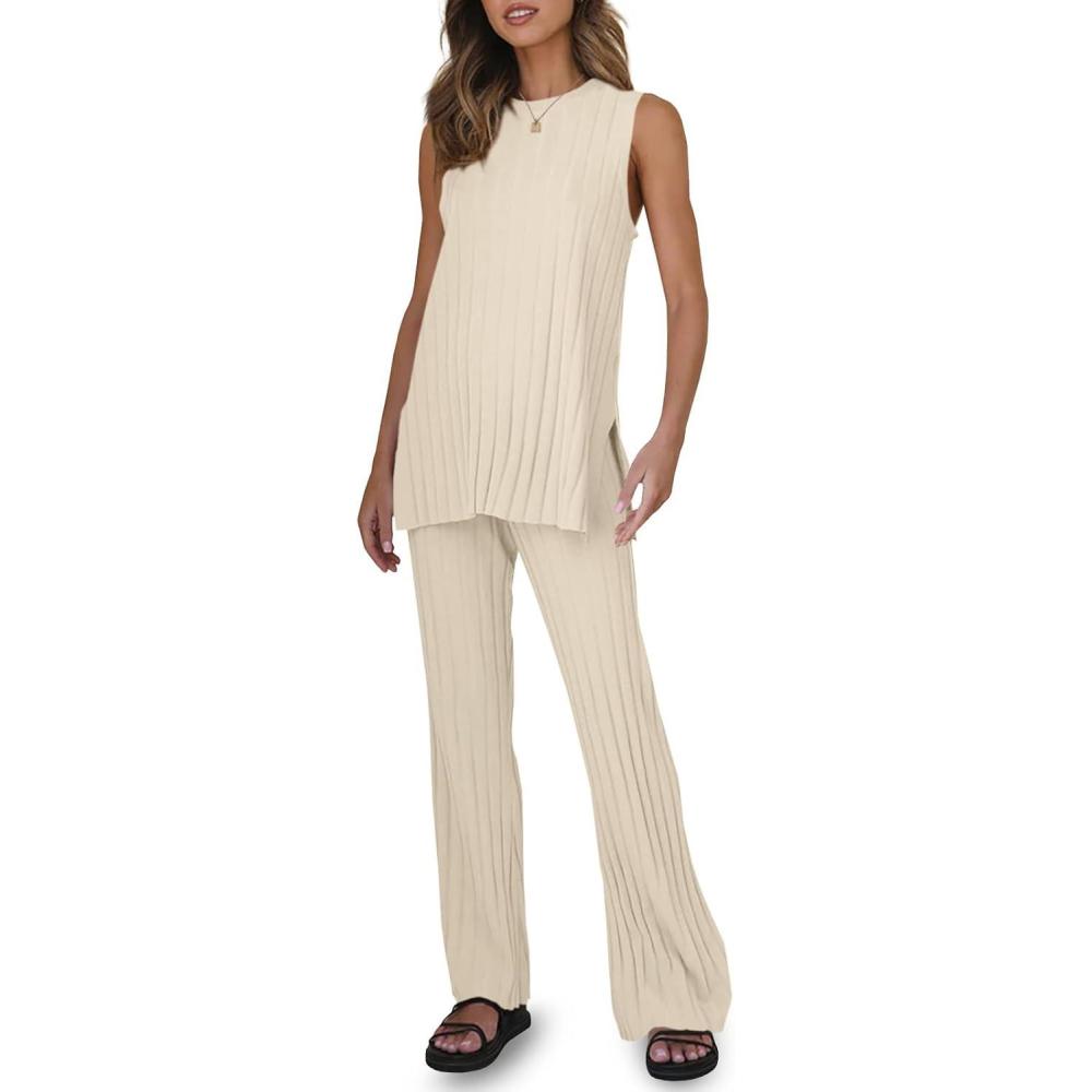 imageTankaneo Two Pieces Outfits Sleeveless Top Knit Sets Trendy Lounge Long Pajamas SetApricot