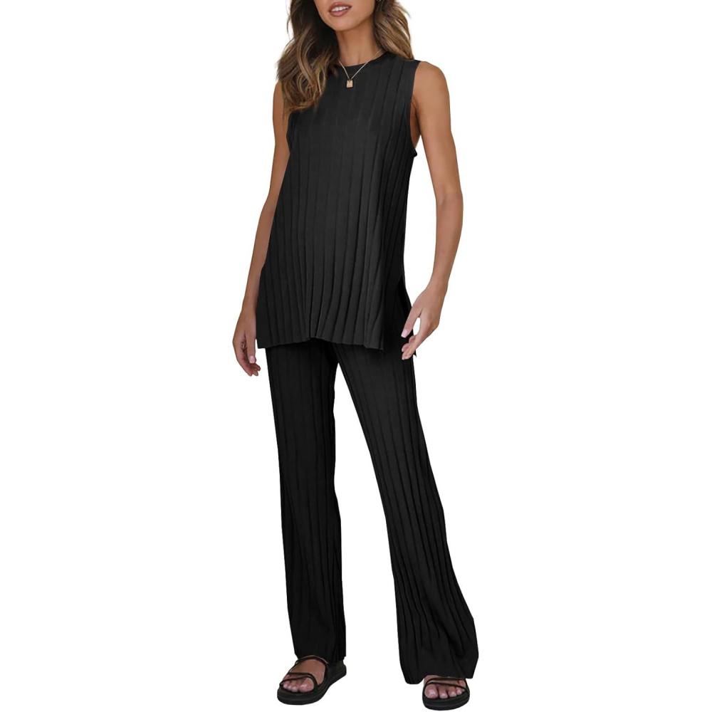 imageTankaneo Two Pieces Outfits Sleeveless Top Knit Sets Trendy Lounge Long Pajamas SetBlack