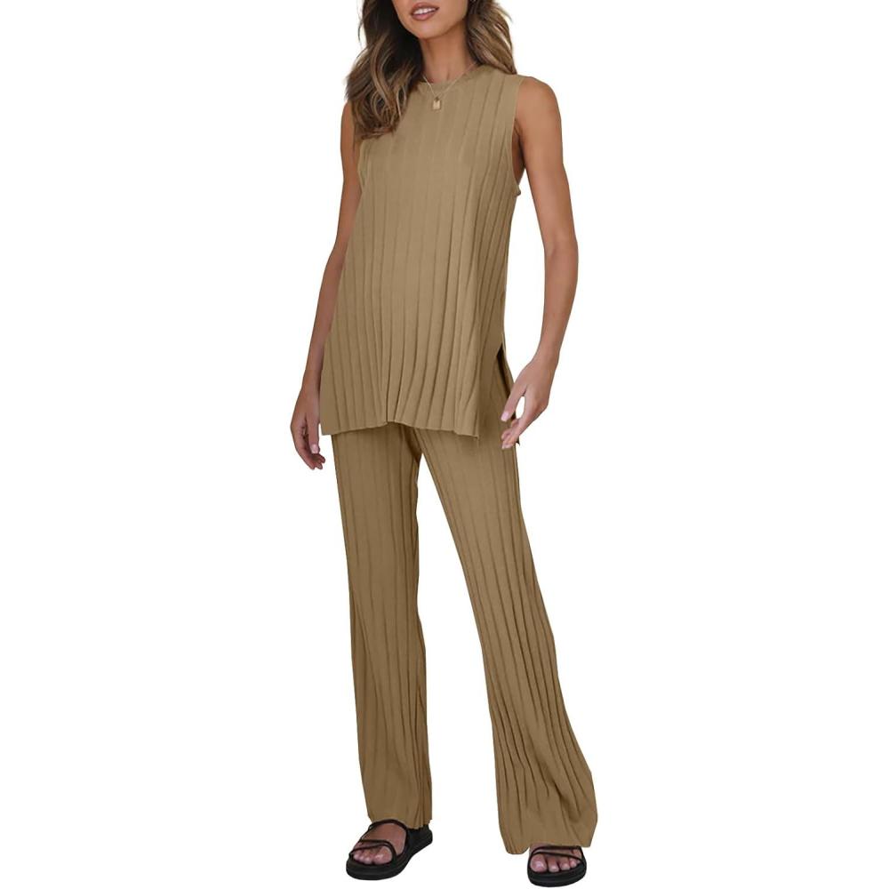 imageTankaneo Two Pieces Outfits Sleeveless Top Knit Sets Trendy Lounge Long Pajamas SetLight Brown