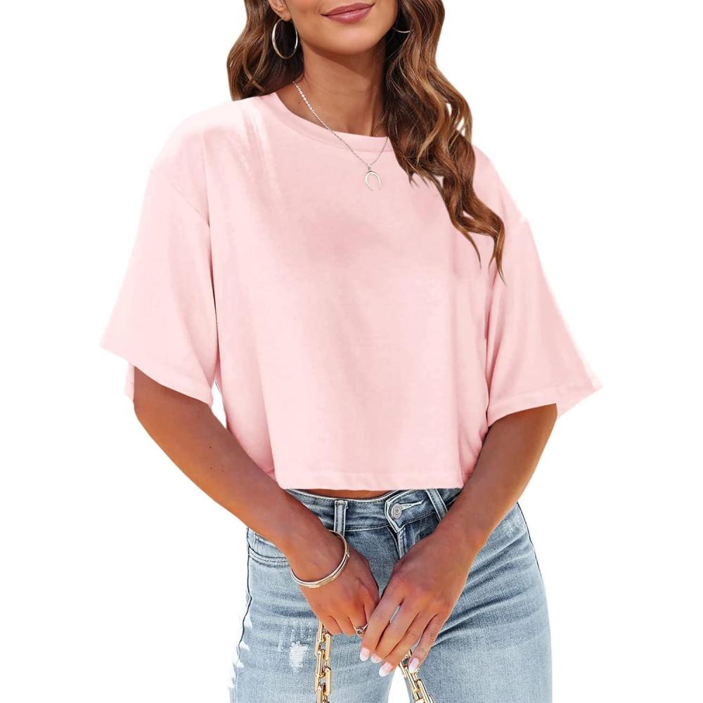 imageTankaneo Women Half Sleeve Cropped TShirts Drop Shoulder Round Neck Crop Tops Casual Summer Solid Color Basic Tees04pink