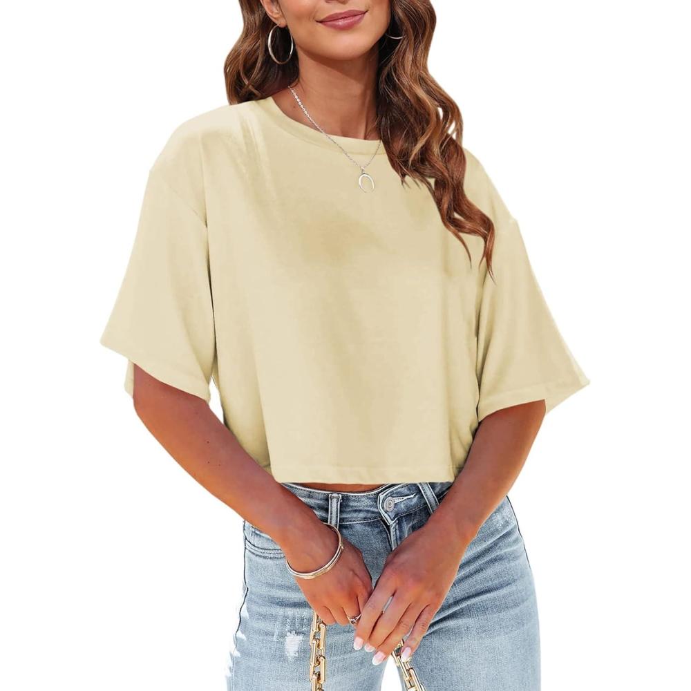imageTankaneo Women Half Sleeve Cropped TShirts Drop Shoulder Round Neck Crop Tops Casual Summer Solid Color Basic Tees06beige