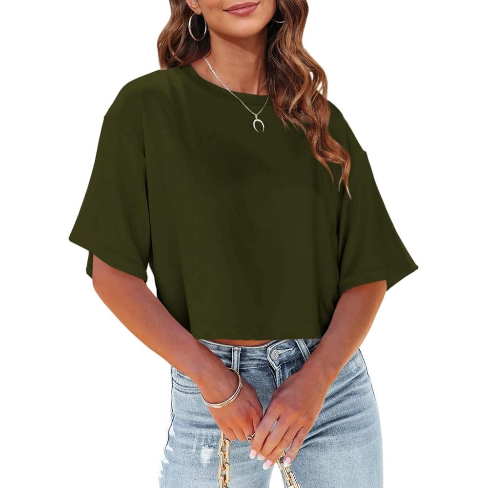 imageTankaneo Women Half Sleeve Cropped TShirts Drop Shoulder Round Neck Crop Tops Casual Summer Solid Color Basic Tees07army Green