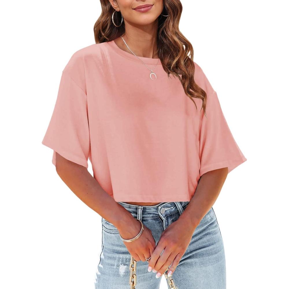 imageTankaneo Women Half Sleeve Cropped TShirts Drop Shoulder Round Neck Crop Tops Casual Summer Solid Color Basic Tees07dark Pink