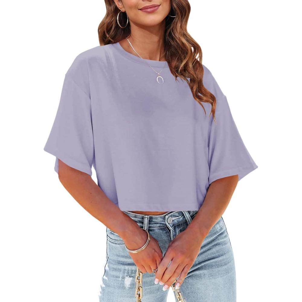 imageTankaneo Women Half Sleeve Cropped TShirts Drop Shoulder Round Neck Crop Tops Casual Summer Solid Color Basic Tees07light Purple