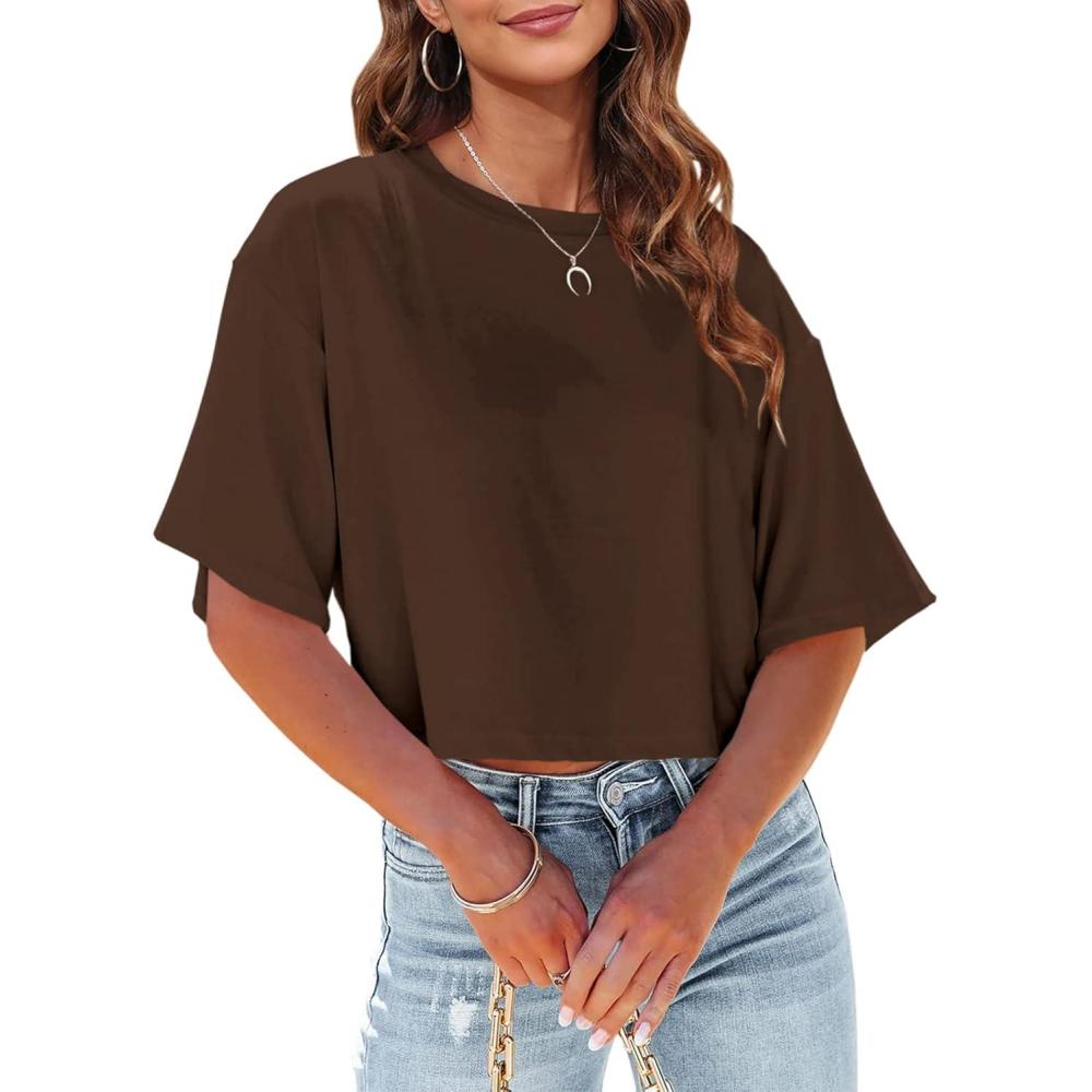imageTankaneo Women Half Sleeve Cropped TShirts Drop Shoulder Round Neck Crop Tops Casual Summer Solid Color Basic Tees09brown