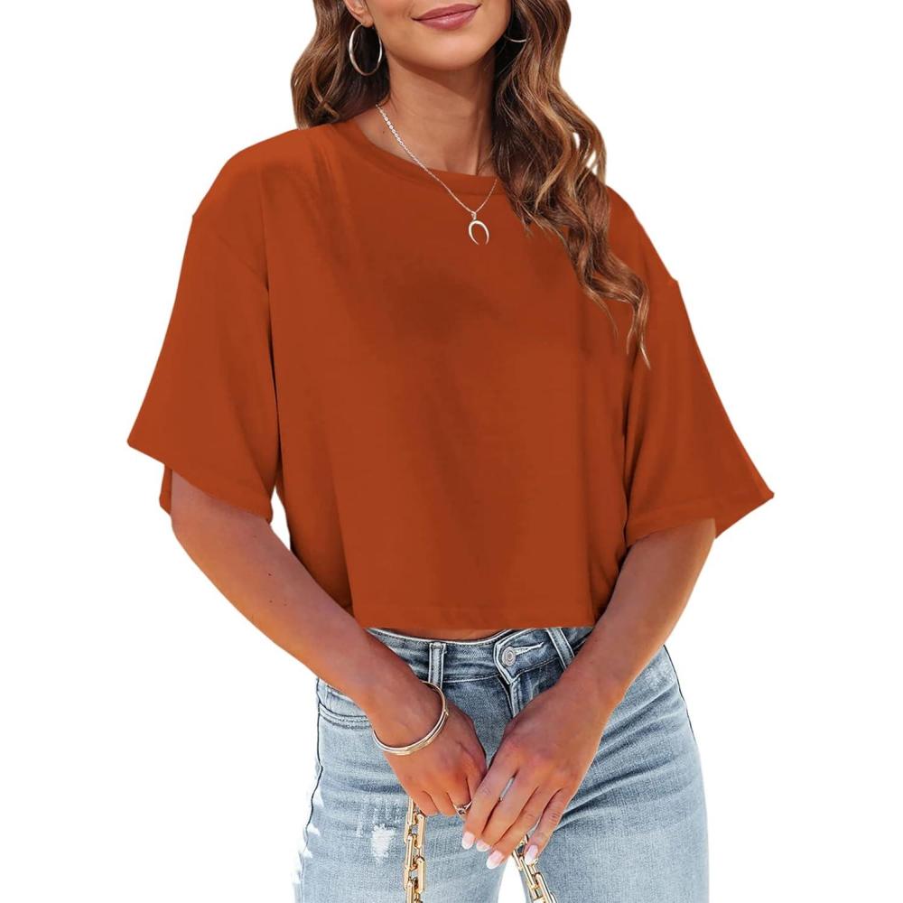 imageTankaneo Women Half Sleeve Cropped TShirts Drop Shoulder Round Neck Crop Tops Casual Summer Solid Color Basic Tees14orange