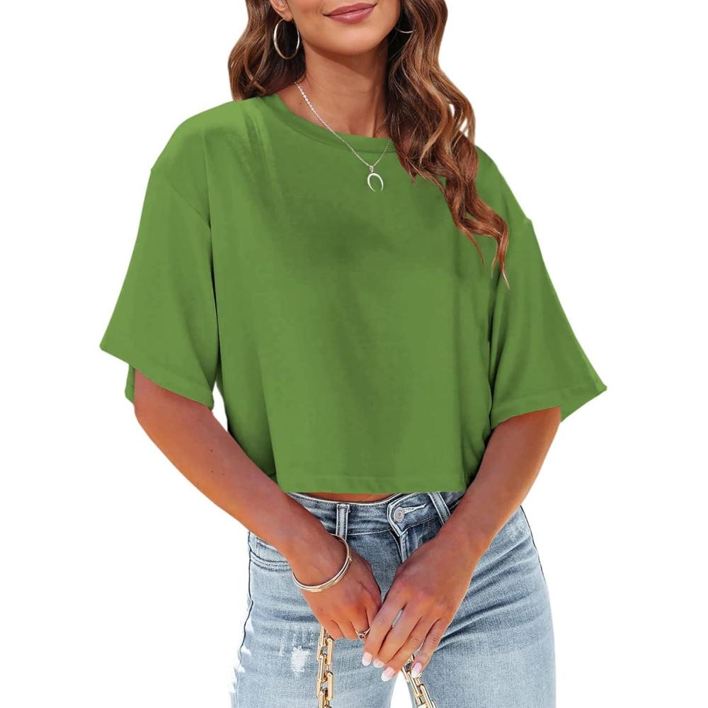 imageTankaneo Women Half Sleeve Cropped TShirts Drop Shoulder Round Neck Crop Tops Casual Summer Solid Color Basic Tees16green